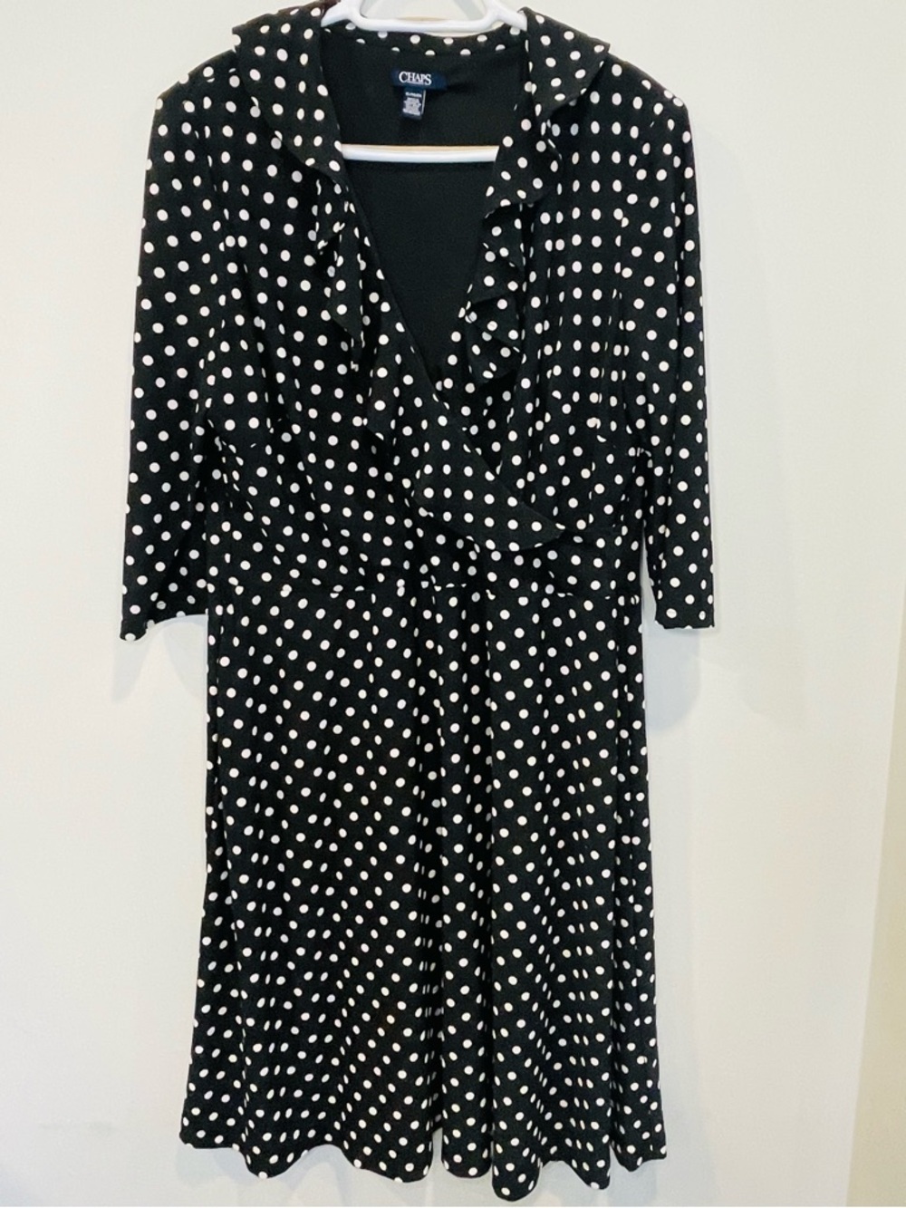 Chaps Black and White Polka Dot Ruffle Wrap-Style Dress - Picture 2 of 6